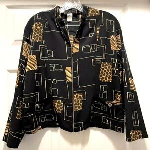 Vintage Kensington Square Abstract Print Zip Jacket Size L Petite Black Tan